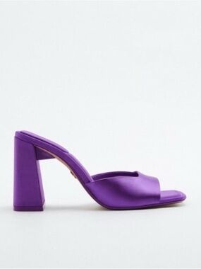 NWOT Zara Purple Satin Chunky Block Heel Mules Square Toe Statement EU38